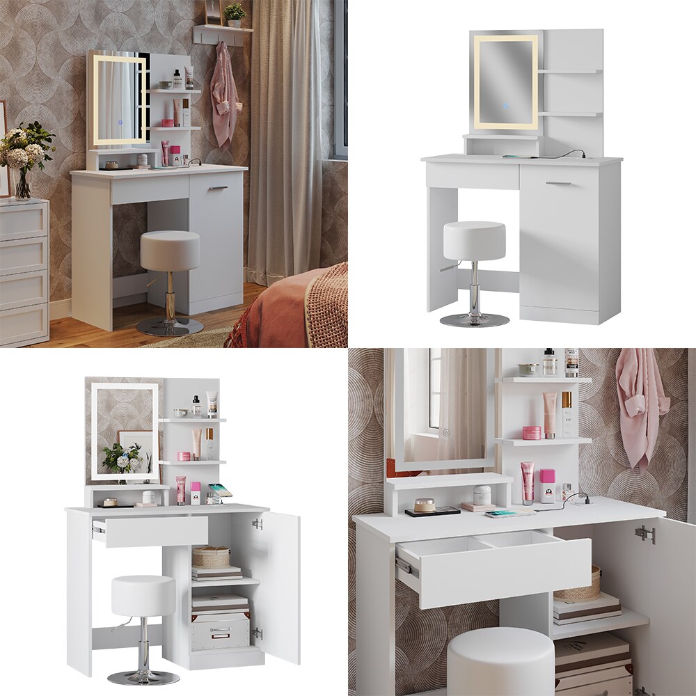 Vicco Schminktisch Julia 90 cm mit LED-Spiegel, QI-Ladegerät und Hocker