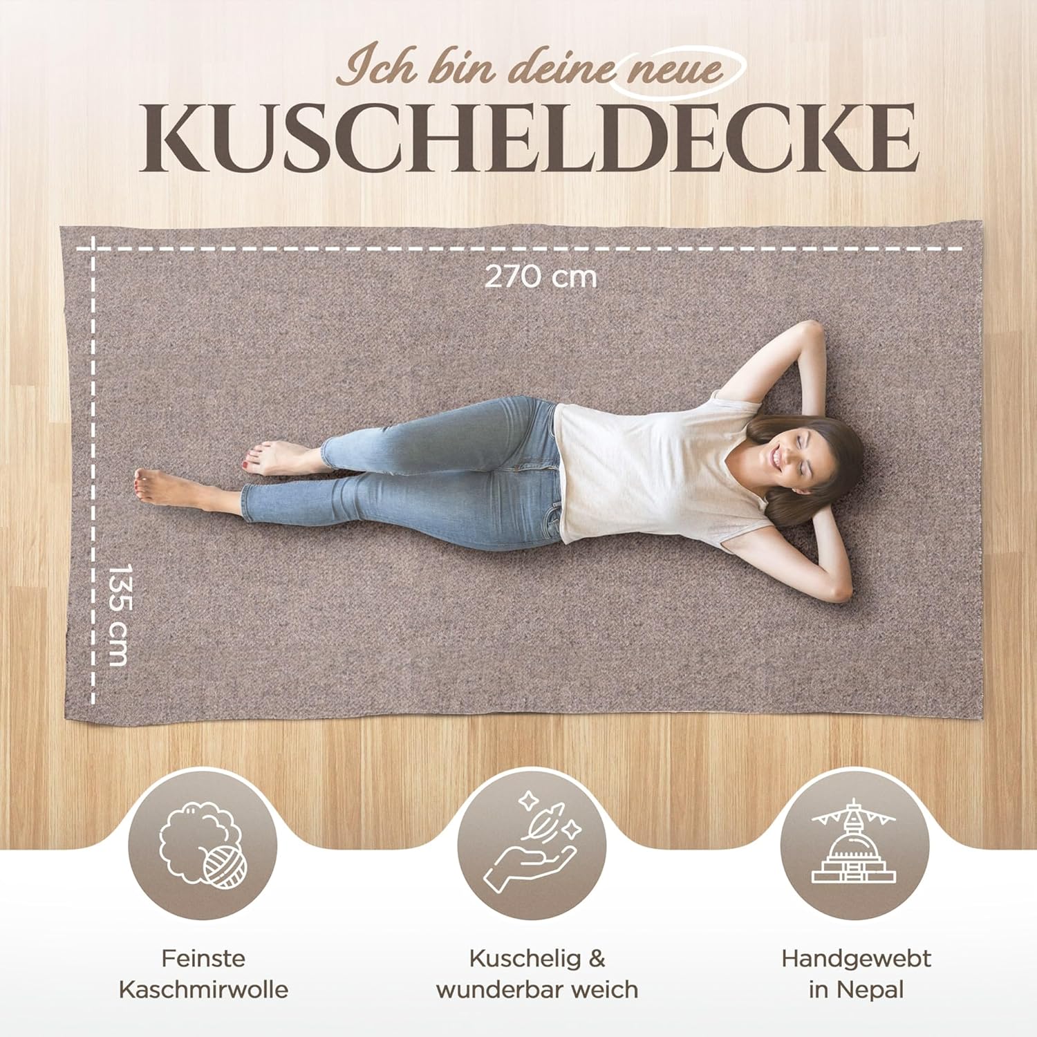 Kaschmirdecke – Handgewebte Sofaüberwurf Decke aus 100% Kaschmirwolle – 135 x 270 cm Weiche und gemütliche Dunkelbraun Kuscheldecke für Couch und Stuhl – Hergestellt in Nepal