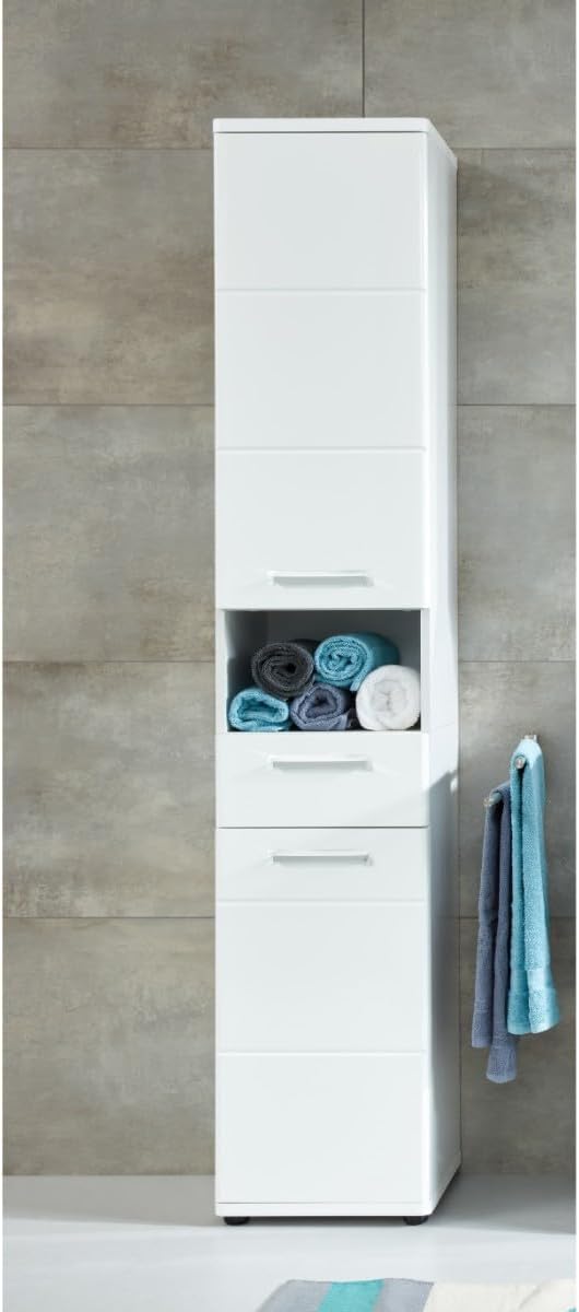 trendteam smart living - Monte - Hochschrank - Weiß/Weiß Hochglanz - (BxHxT) 37 x 189 x 34 cm - chromfarbene Griffe - Kratzfest
