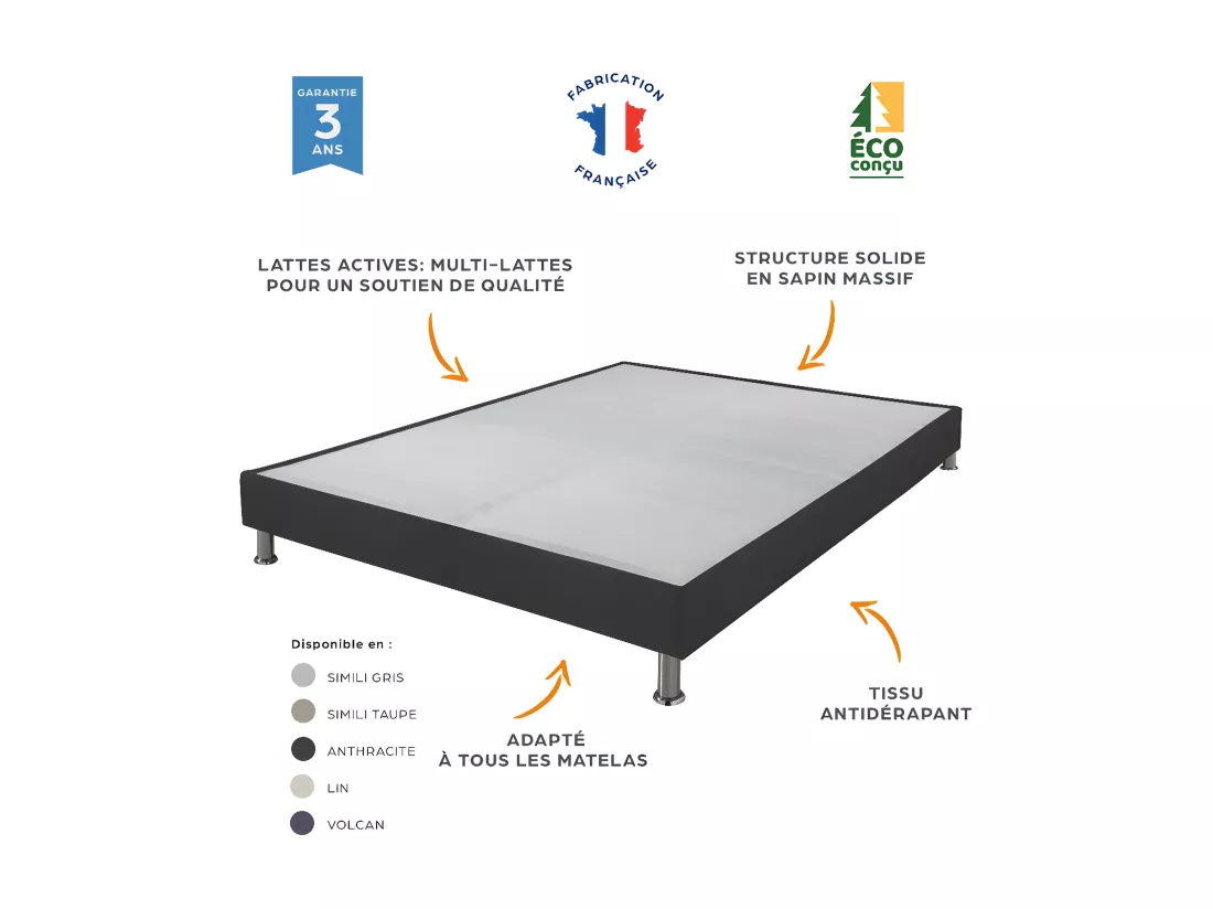 Sommier tapissier Omega Anthracite 3 90x200 Lattes bois - H.15 cm - Made in France