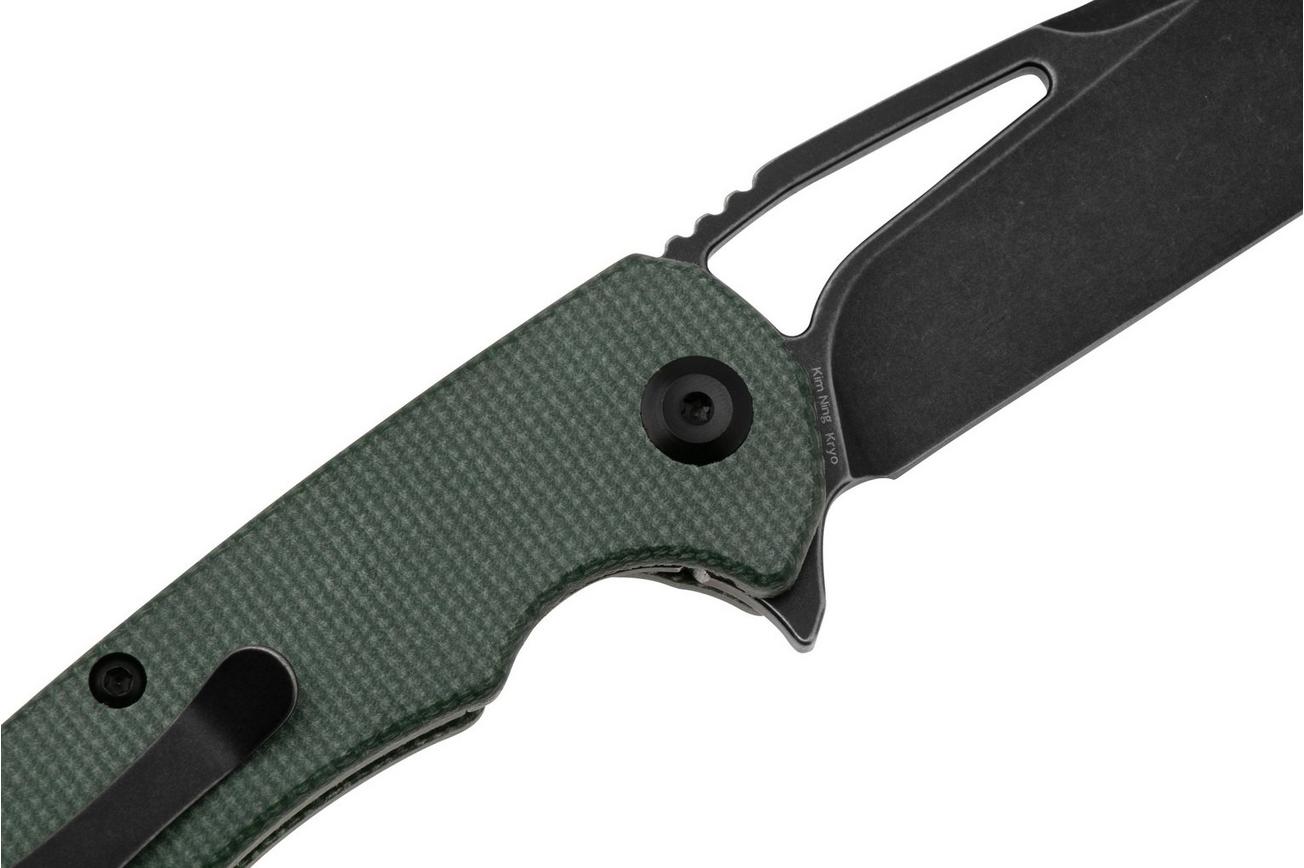 Kansept Kryo T1001M2 Blackwashed 12C28N, Green Micarta, zakmes, Kim Ning design