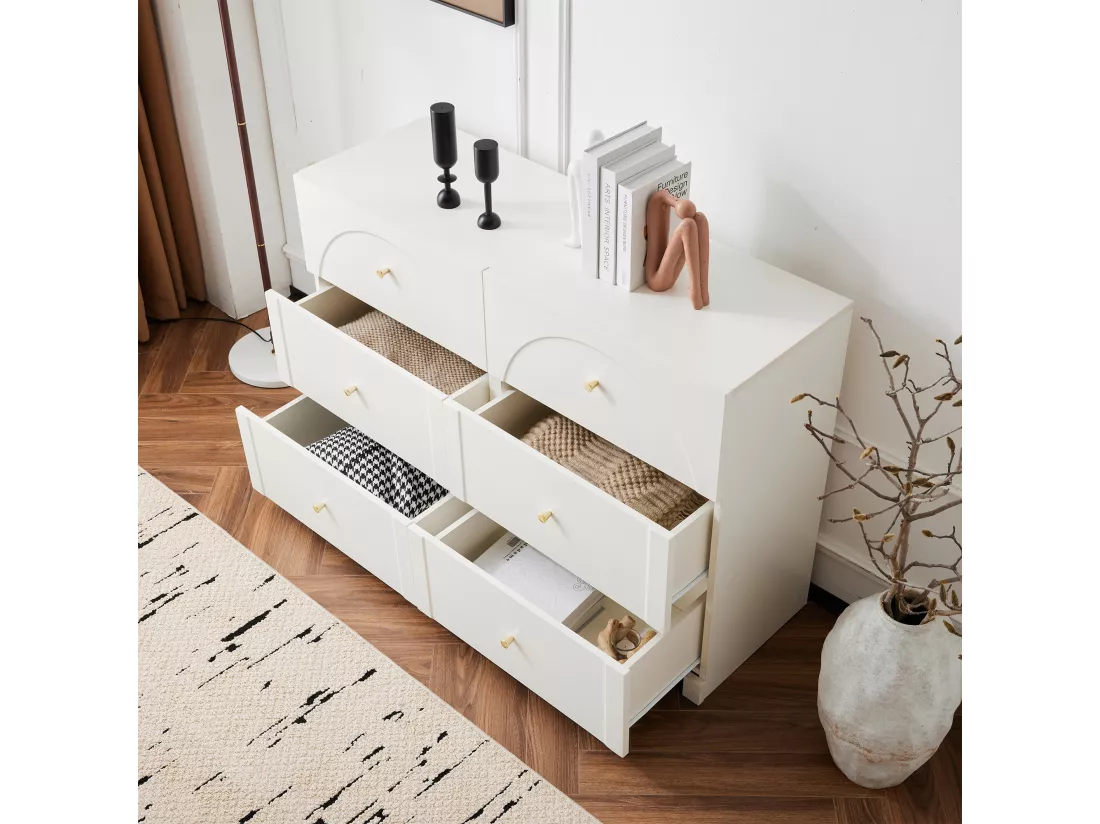 Commode avec 6 tiroirs pour salon et chambre à coucher - 120 x 40 x 82 cm - panneaux de particules - Blanc