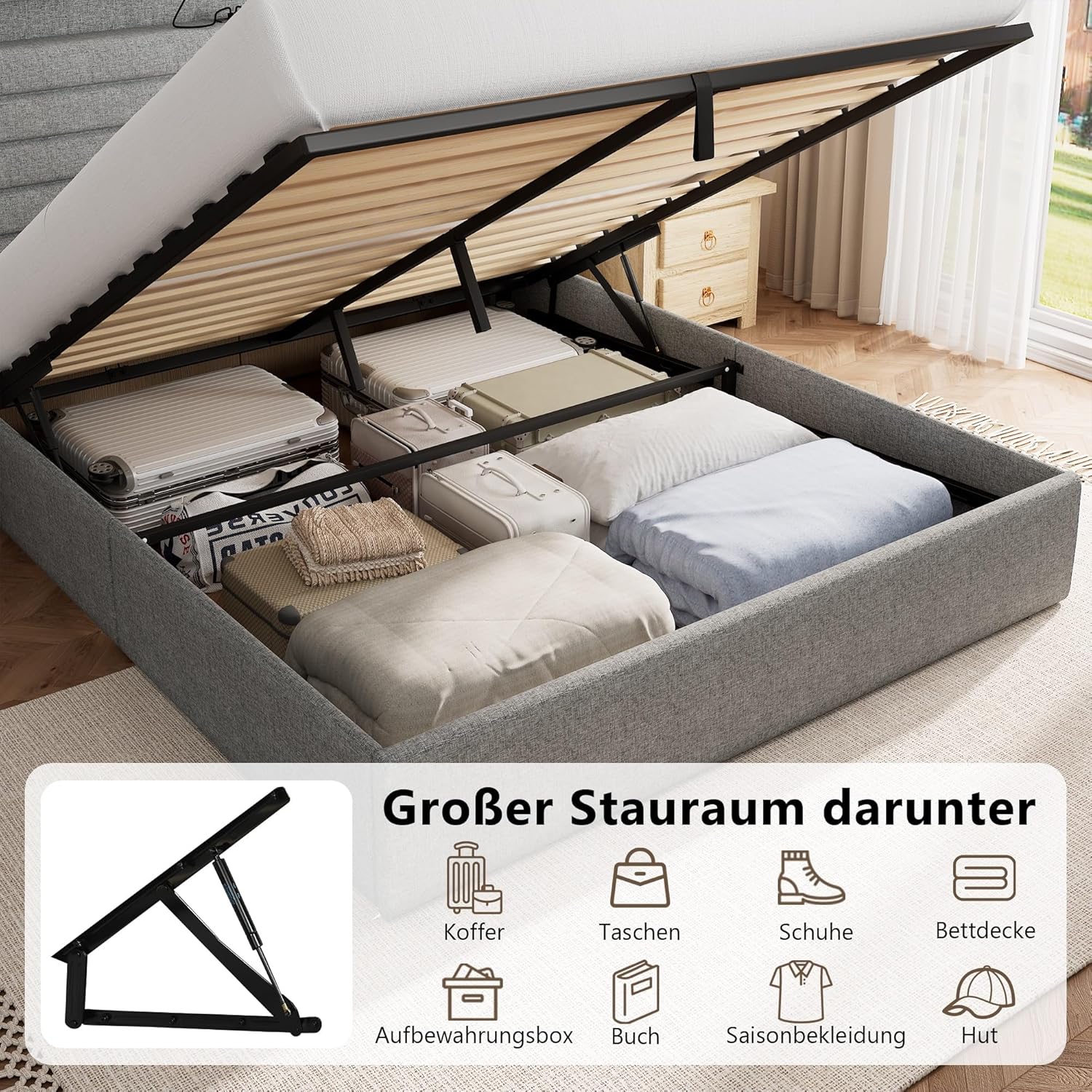 FEONASE Bett 140x200 mit Stauraum, Polsterbett 140x200 cm mit LED-Beleuchtung & Ladestation, Bettgestell mit Hydraulischem und Leinen Kopfteil Stauraum, Lattenrost, Ohne Matratze, Hellgrau