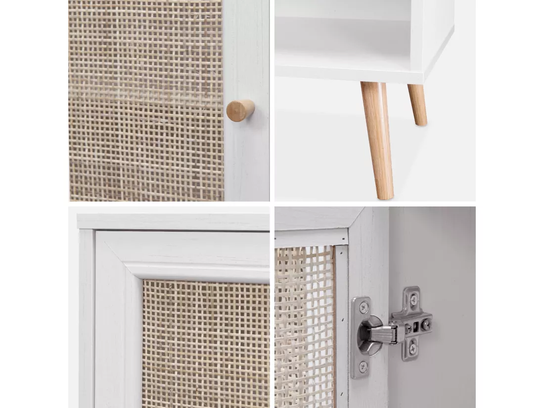 Buffet de rangement en cannage. blanc 120x39x70cm - Bohème - 2 niveaux. 3 portes. pieds scandinaves. buffet bas