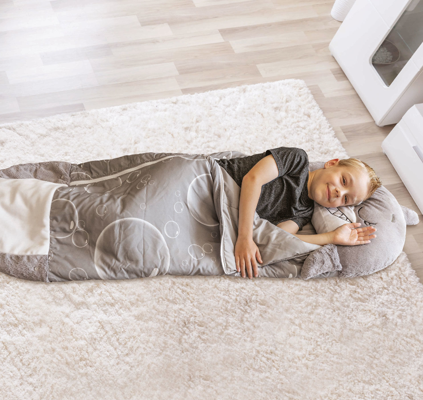 (150x60cm) 2in1 Kinder Camping Schlafsack Kuscheltier Decke mit Plüschtier Kissen - Hai