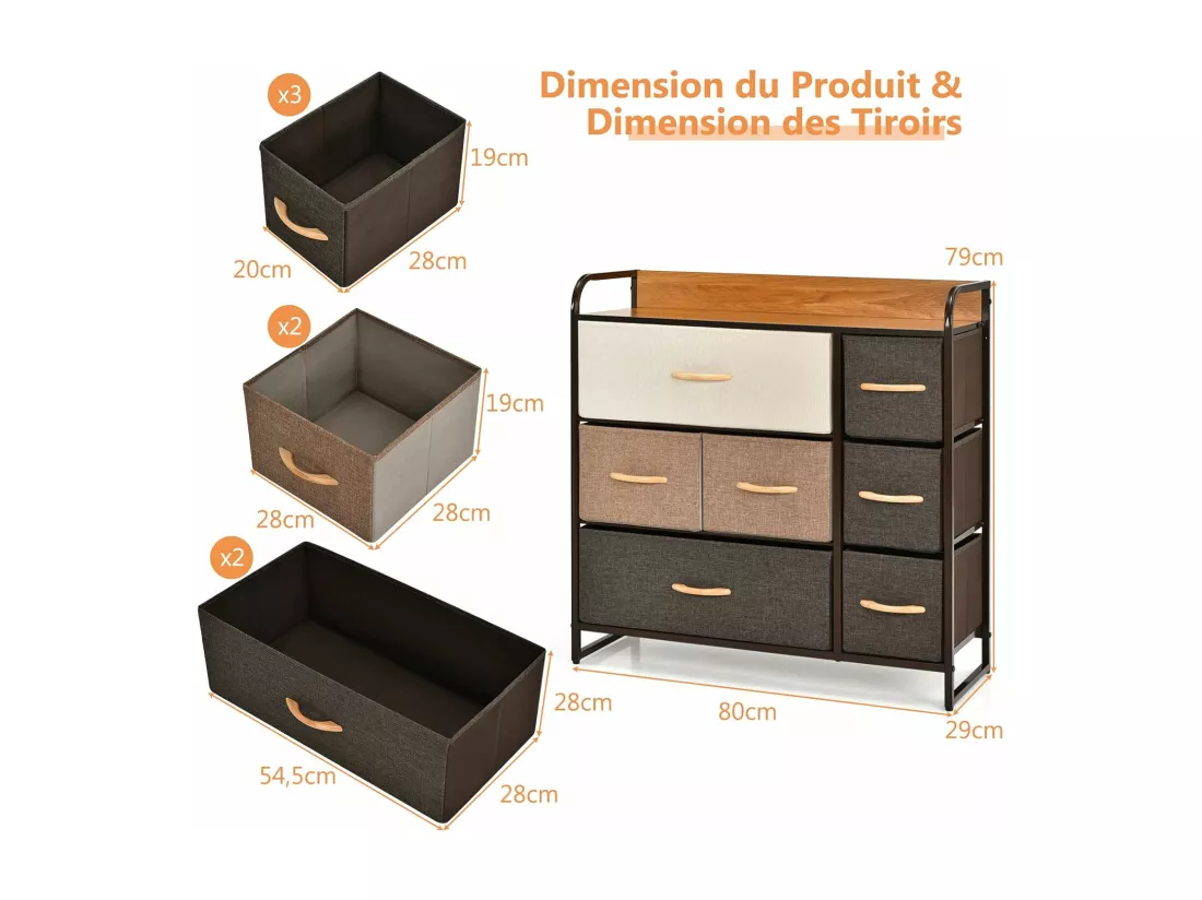 Commode à 7 Tiroirs en Tissu, Poignée en Bois et Cadre en Acier, Meuble de Rangement 80 x 29 x 79 cm (L x l x H ) Structure en Acier Robuste, Kit Anti-basculement Inclus