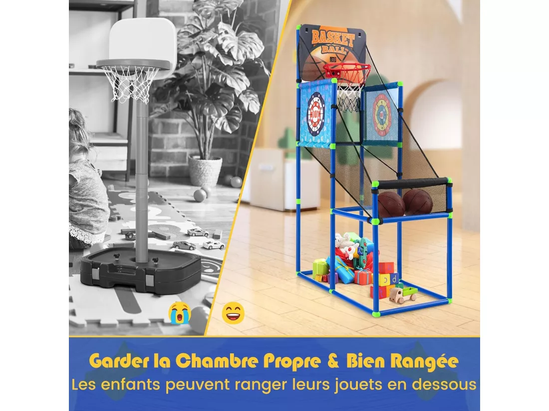 Panier de Basketball 2 en 1 avec 2 Cibles en Tissu et velours à Balles Adhésives, Jeu d’Arcade avec Système de Pointage et Effet Sonore, 2 Ballons de Basket pour Enfants 3 Ans+