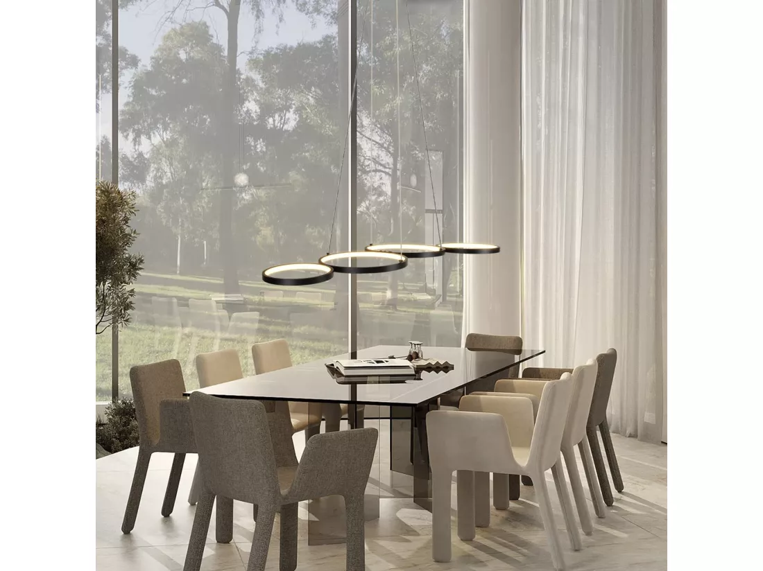 NETTLIFE Suspension LED en aluminium noir Diam.150 cm 54W lampe moderne 4 anneaux design lampe de table à manger dimmable avec suspension pour salon