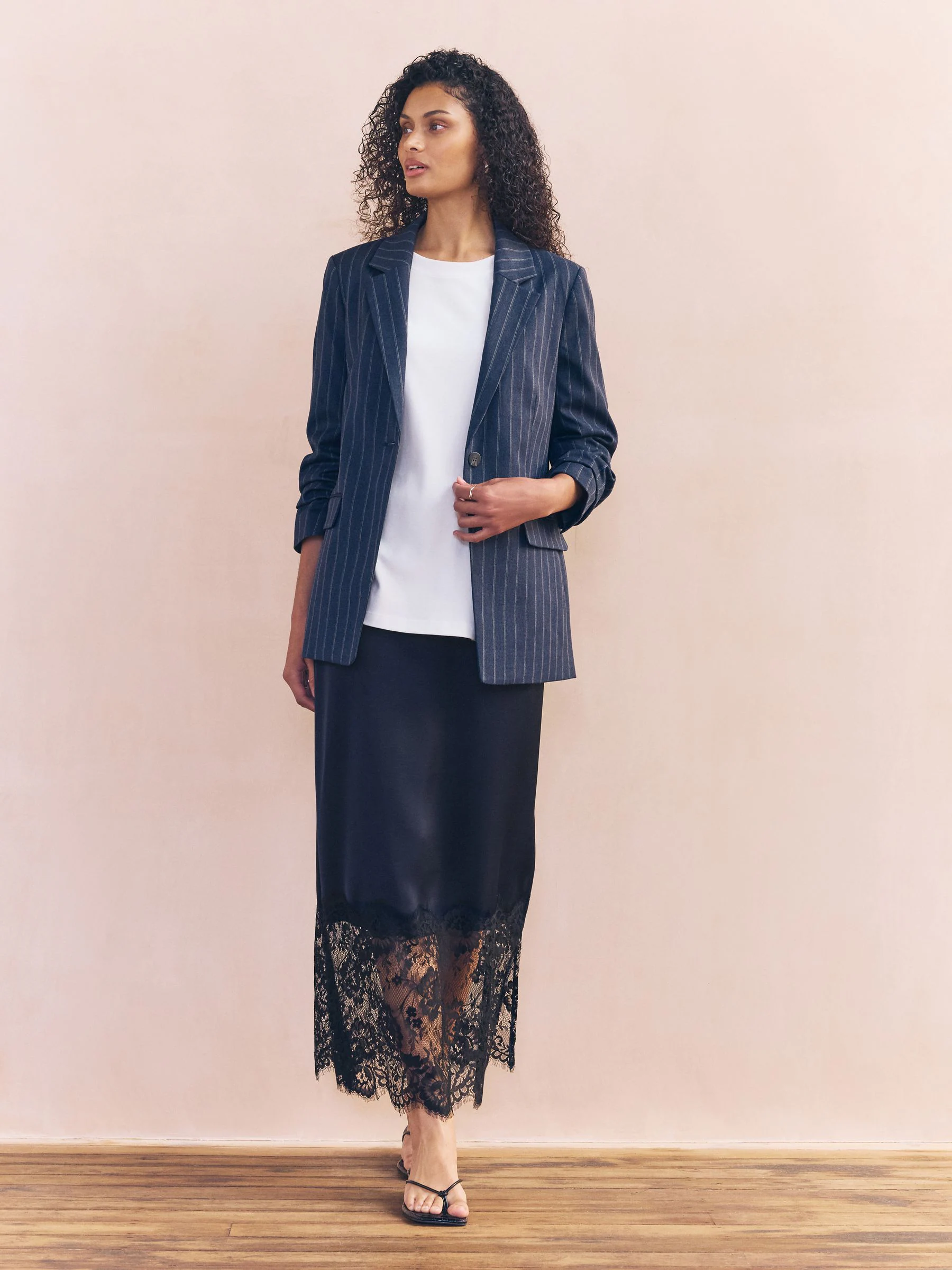 Donkerblauw - Satijn Midi-rok met kanten afwerking