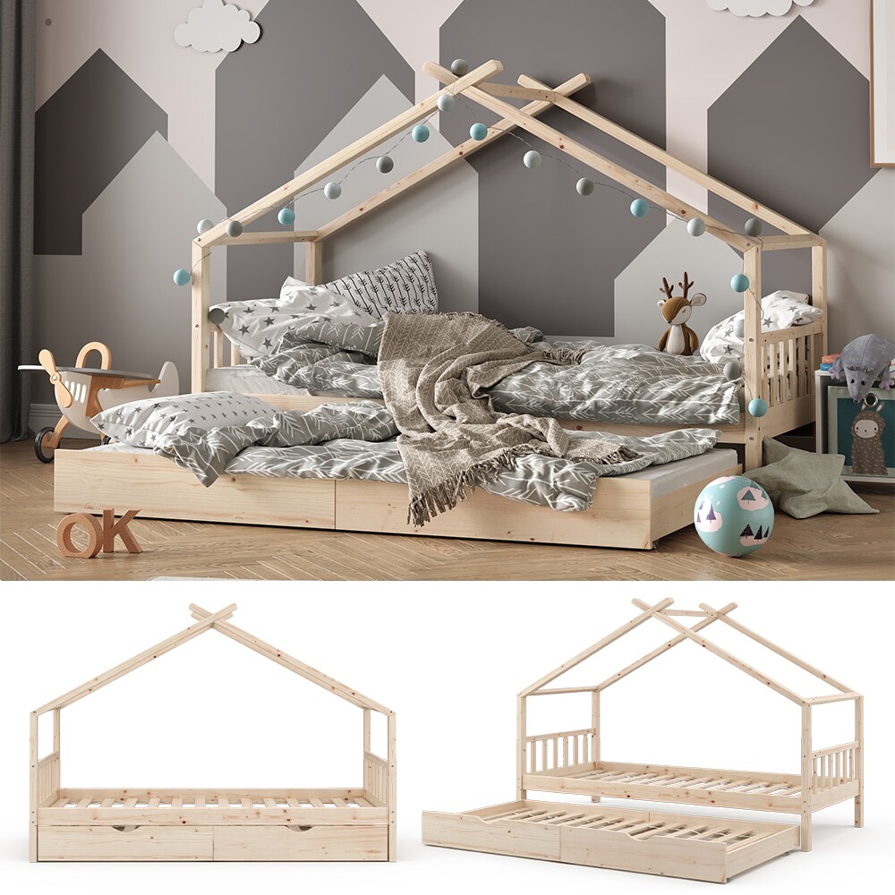 VITALISPA Kinderbett DESIGN Hausbett Gästebett Lattenrost Natur 90x200 Schublade