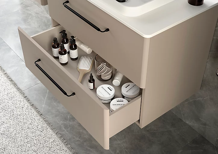 Meuble sous vasque à suspendre Cygnus bath Teha L. 120 cm macchiato + plan double vasque semi-encastré résine blanc