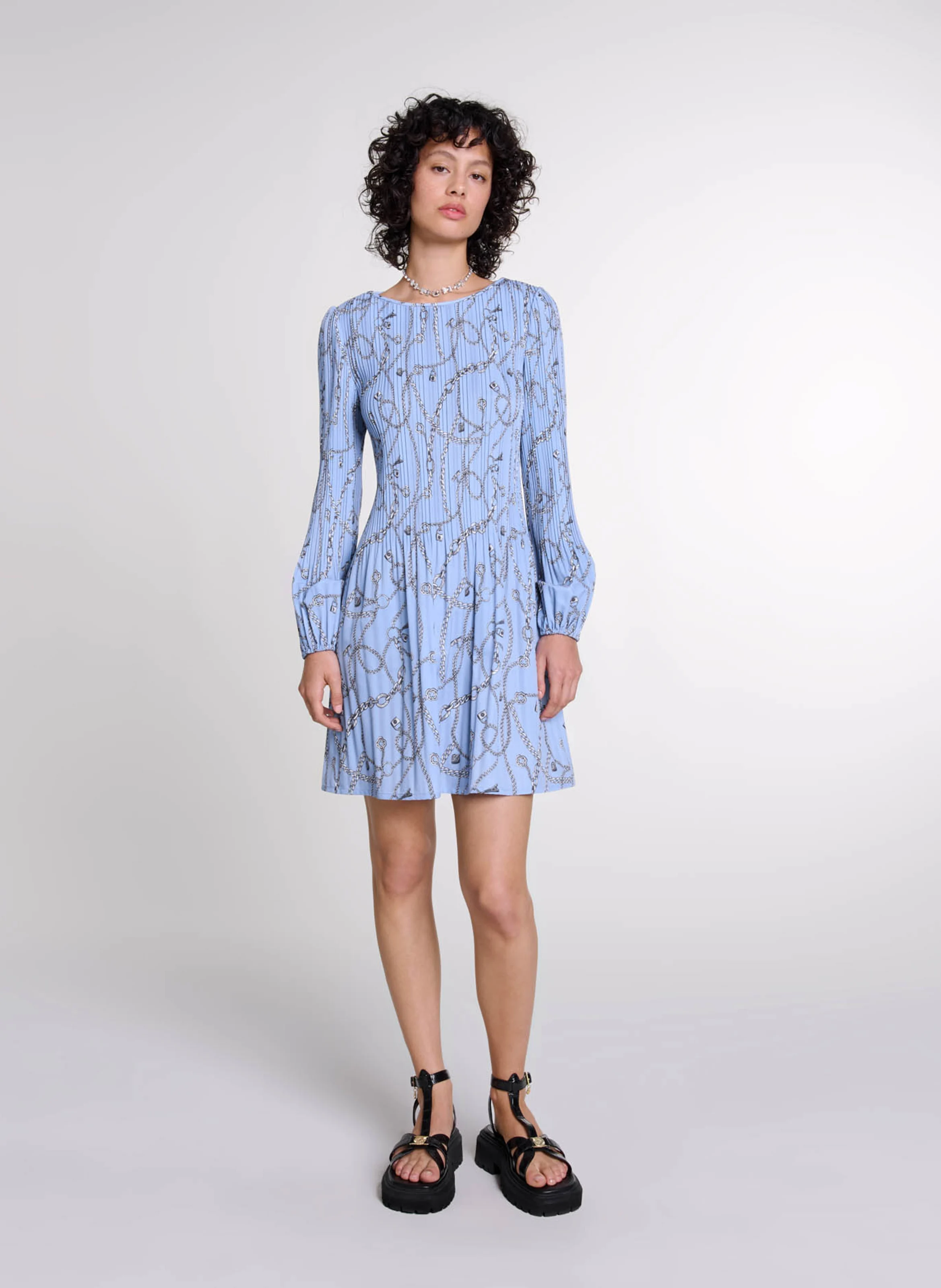 Robe courte col rond imprimée | Bleu