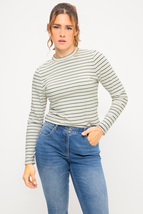 Rippshirt, Slim Fit, Ringel, Stehkragen, Langarm