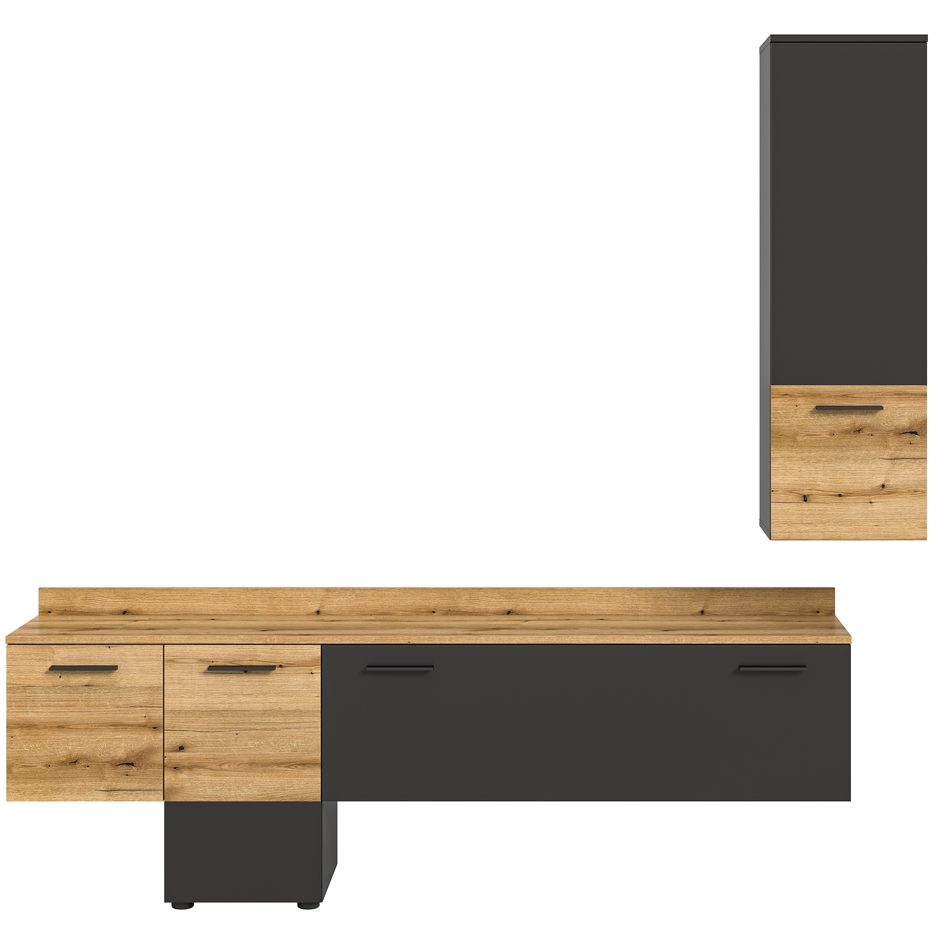 2-teiliges Wohnwand-Set GOAL - grau - Evoke Oak - LED-Beleuchtung