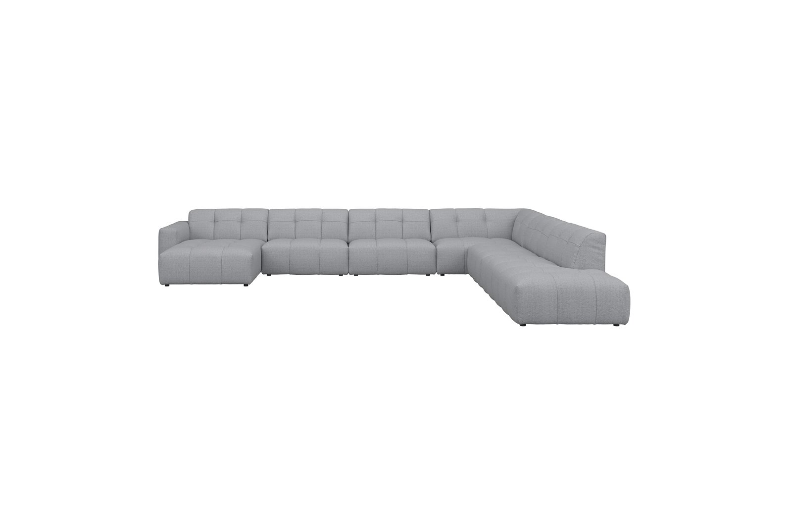 Chess U-sofa oppsett Sjeselong venstre, 3-seter, XL HJ, 1,5-seter og åpen ende høyre. Tekstil Evita Light Grey med sorte treben. Komfort C1