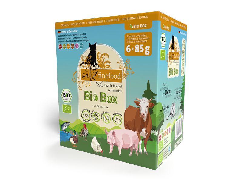 catz finefood Nassfutter Bio Collection, 6 x 85 g Ausgewogenes Alleinfuttermittel mit der Extraportion Öl