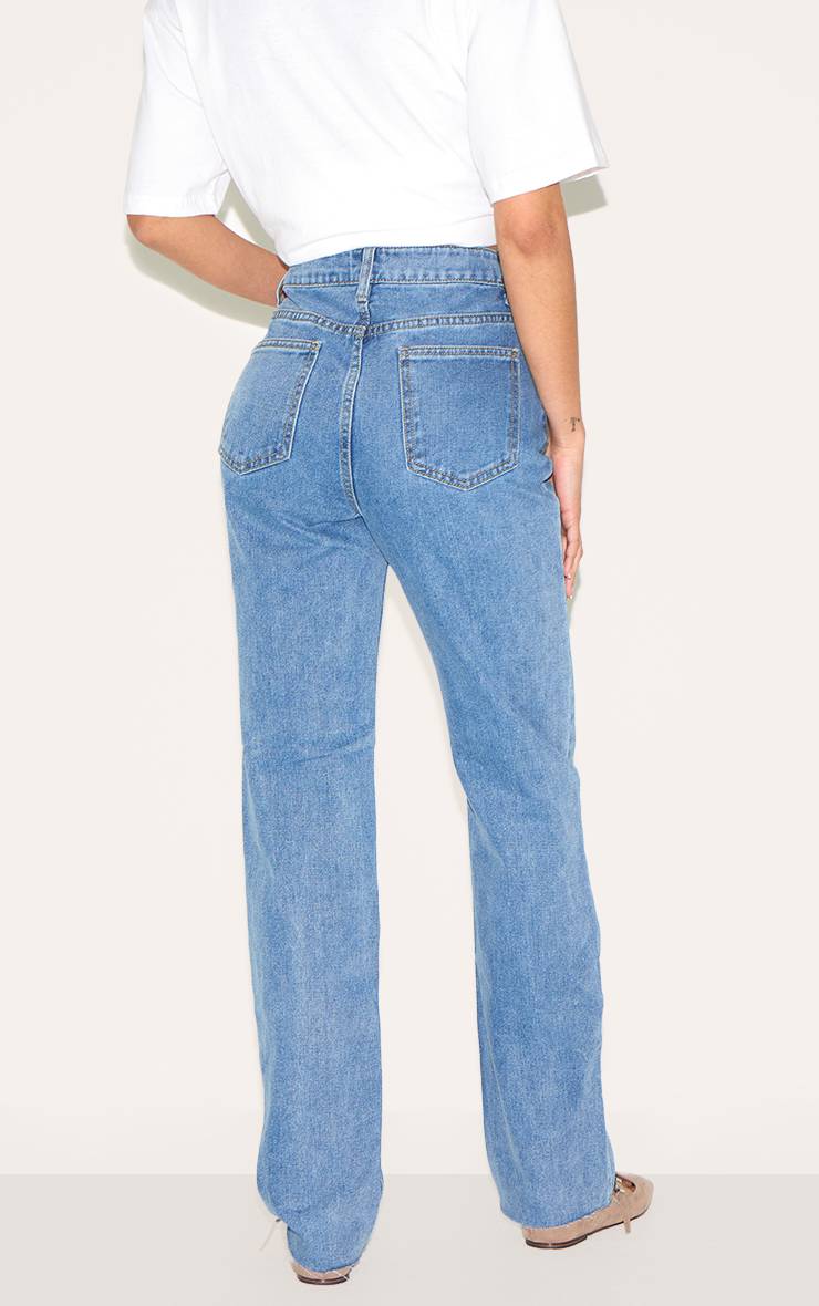 Mid Blue Wash Jean Droit À Ourlet Brut