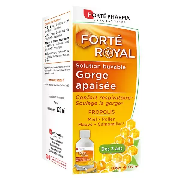Xarope calmante para garganta Forté Pharma Forté Royal com própolis e mel, indicado para crianças a partir de 3 anos, frasco de 120ml.