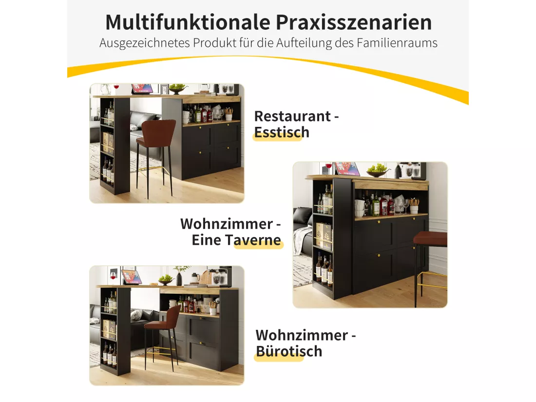 Meuble de bar pivotant - 4 tiroirs, 3 étagères de rangement & niche - MDF plateau effet bois - 138 cm/105x39x102 cm - Noir