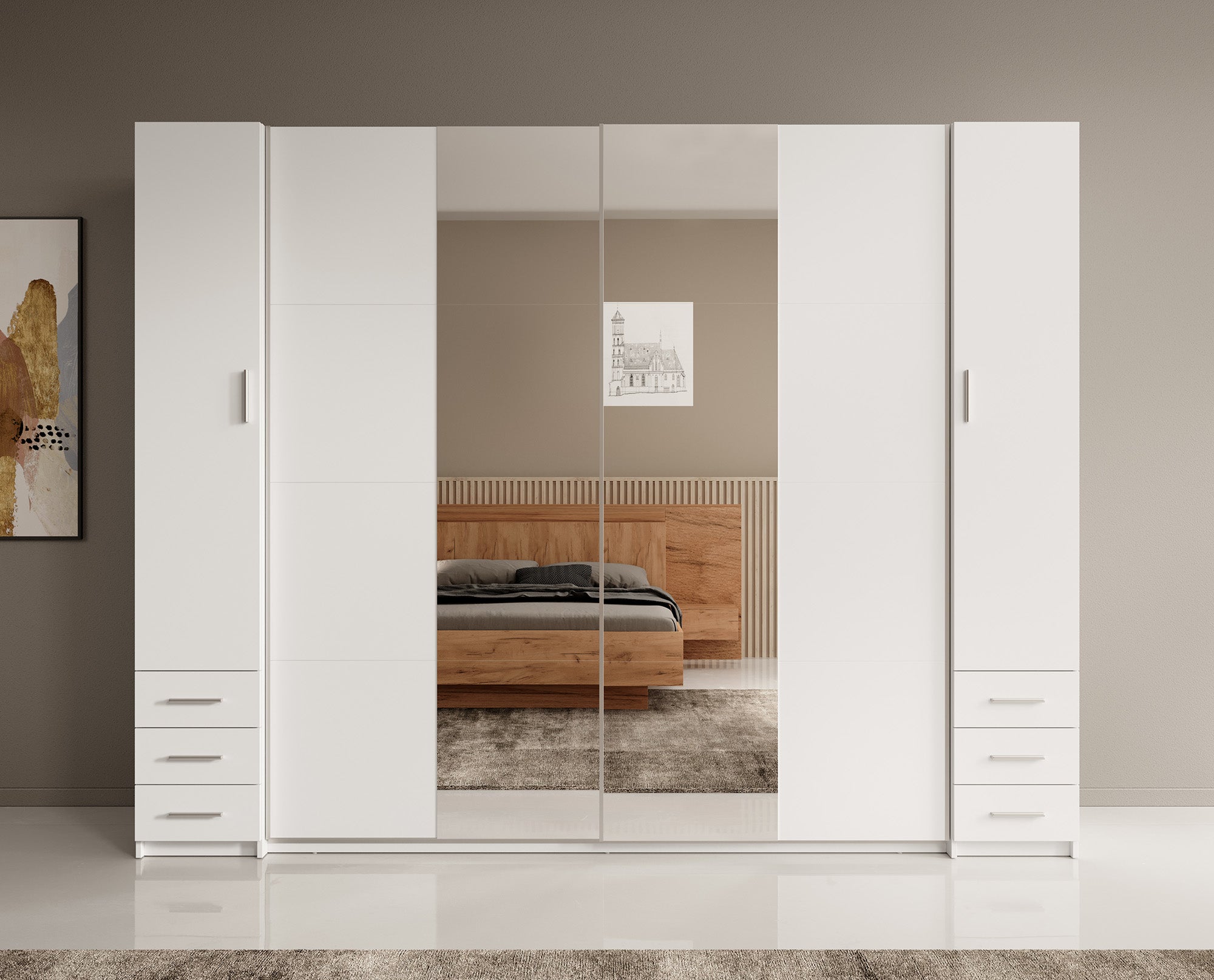 Meubella - Kledingkast Stoke 2 - Wit - 270 cm - Met spiegel