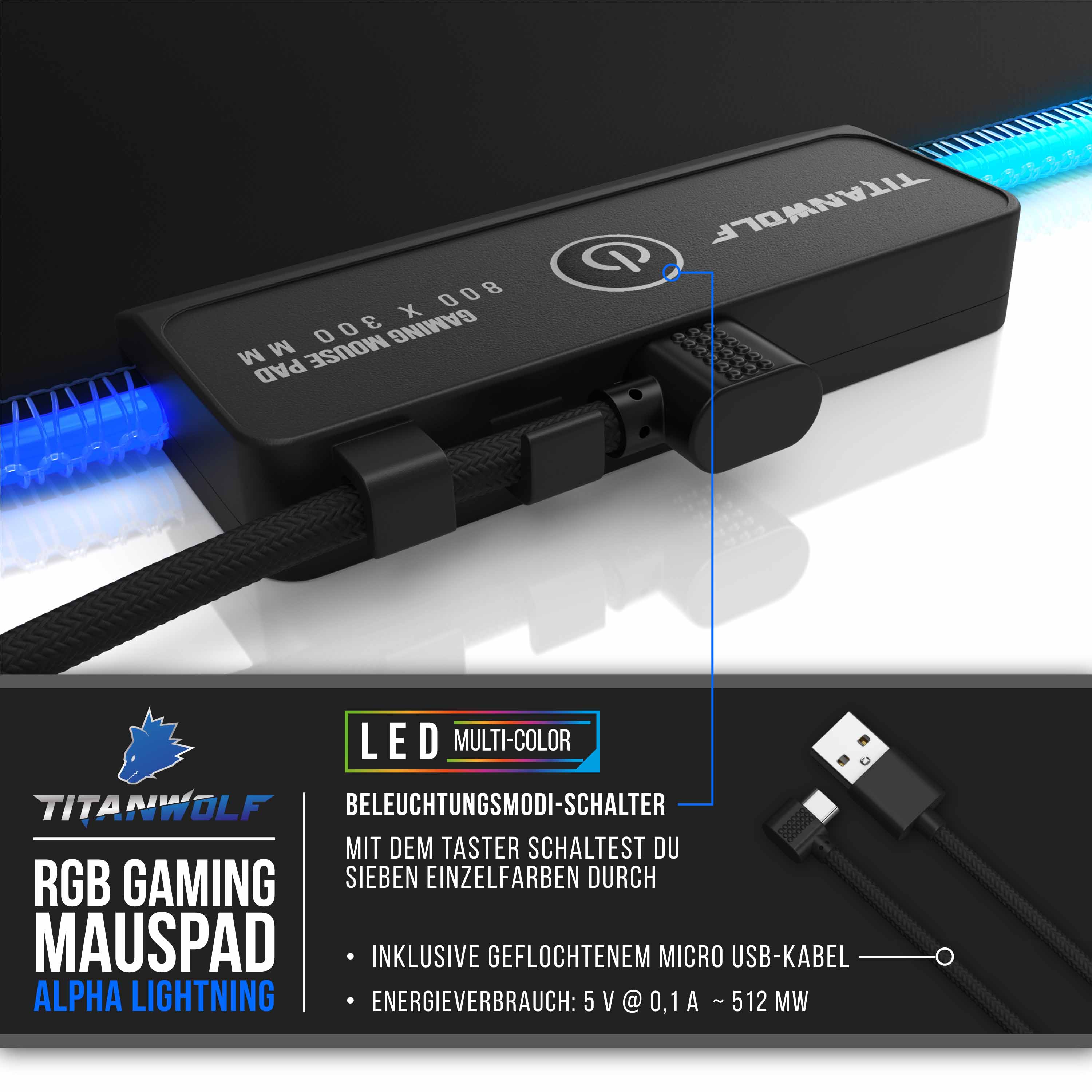Titanwolf RGB Gaming Mauspad, Mousepad XL 800 x 300mm verbessert Präzision & Geschwindigkeit, black
