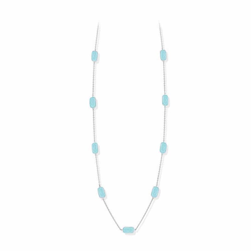 Collier Sautoir Argent Galet Pierre Vert Eau