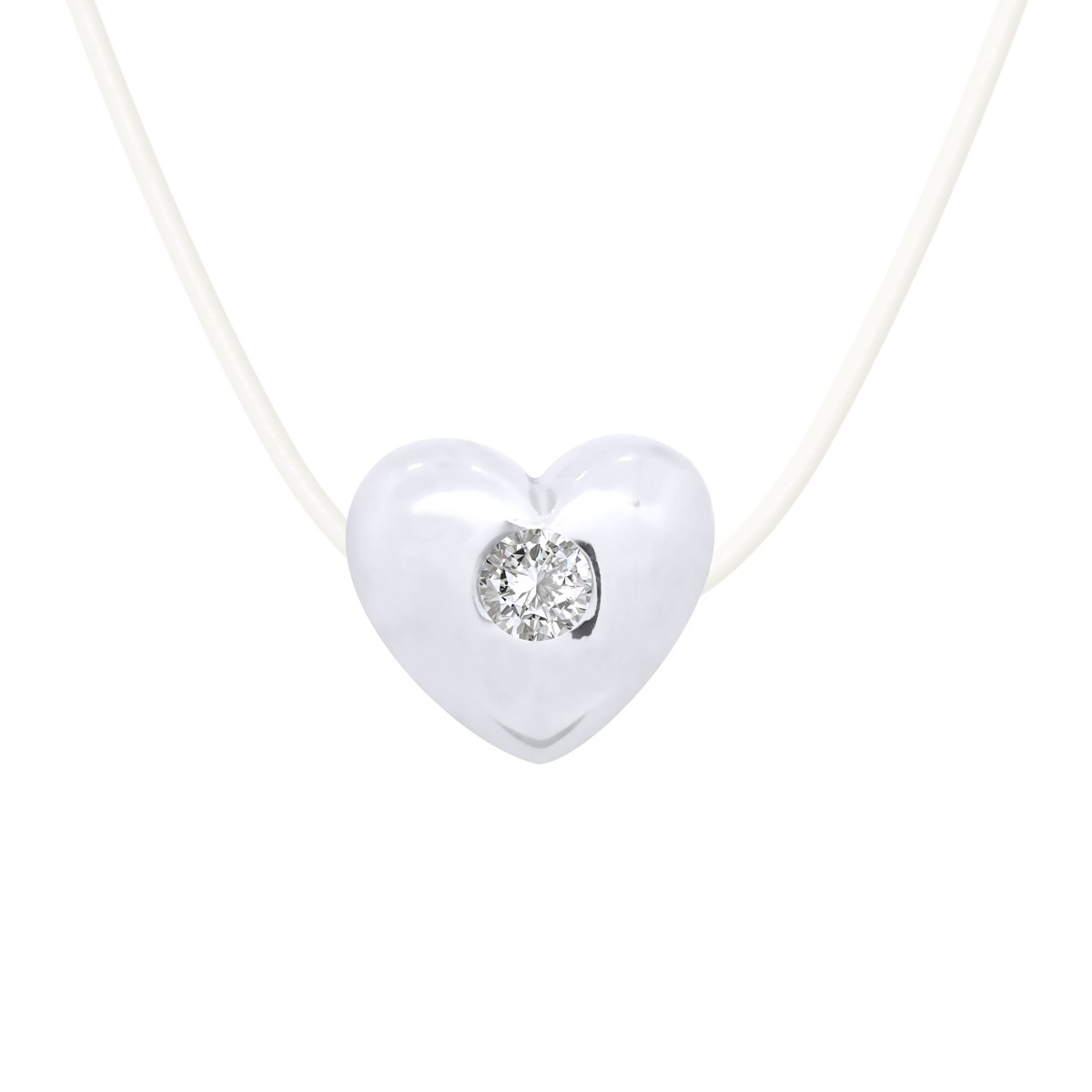 Collier COEUR Diamant 0,030 Cts Nylon Transparent Argent 925