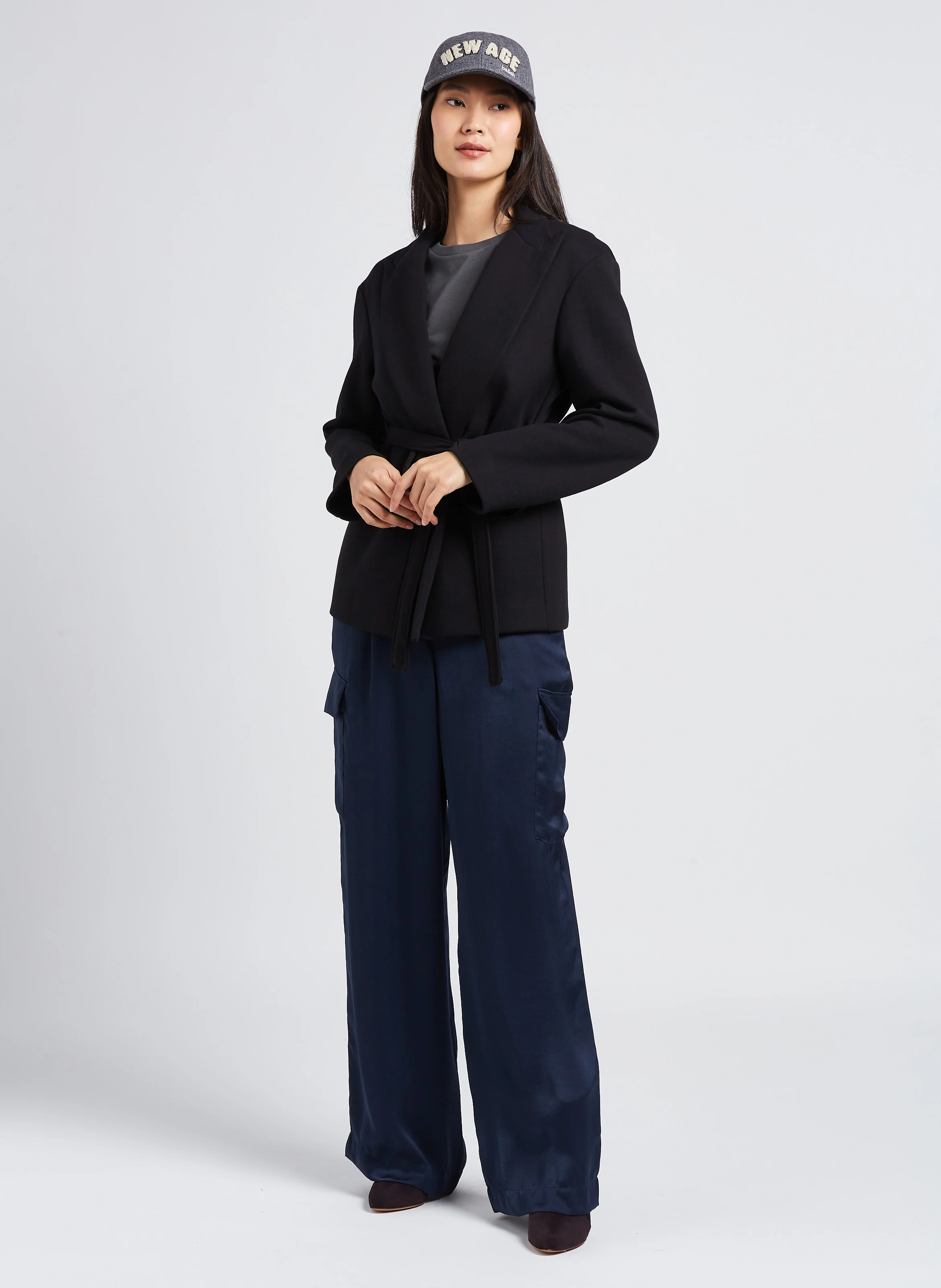 CARY - Pantalon cargo taille haute satiné | Bleu