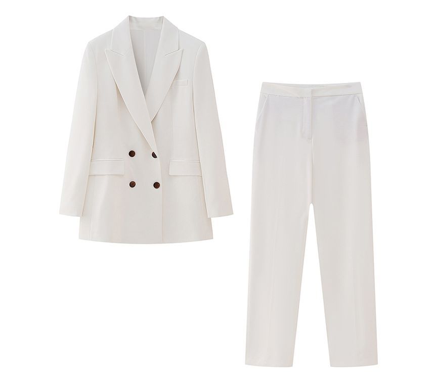 SugaYuja - Blazer met dubbele rij knopen en hoge revers / Broek met rechte pijpen en hoge taille / Vest met V-hals en knopen / Set