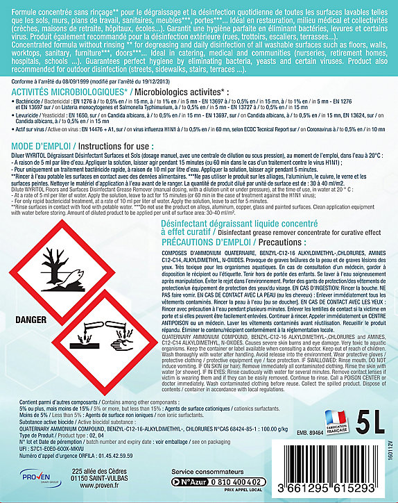 Désinfectant dégraissant surface et sol Wyritol 5L