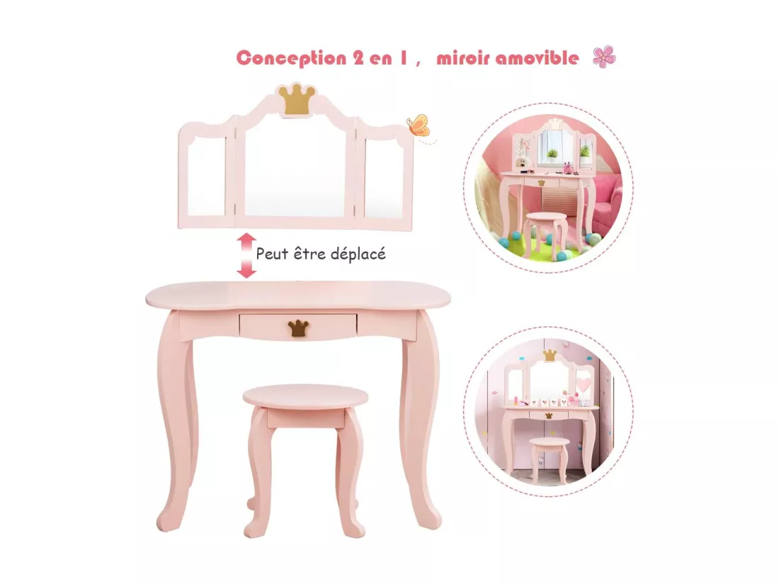 Coiffeuse pour Enfants avec Miroir à Trois Volets, Ensemble de Coiffeuse 2-en-1 avec Dessus Amovible, Tabouret Inclus, Jeu de Simulation de Beauté pour Filles (Rose)