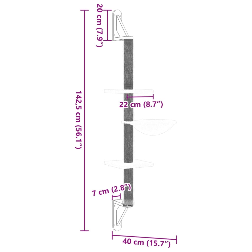 Arranhador de parede para gatos vidaXL, cinza claro, 142,5 cm