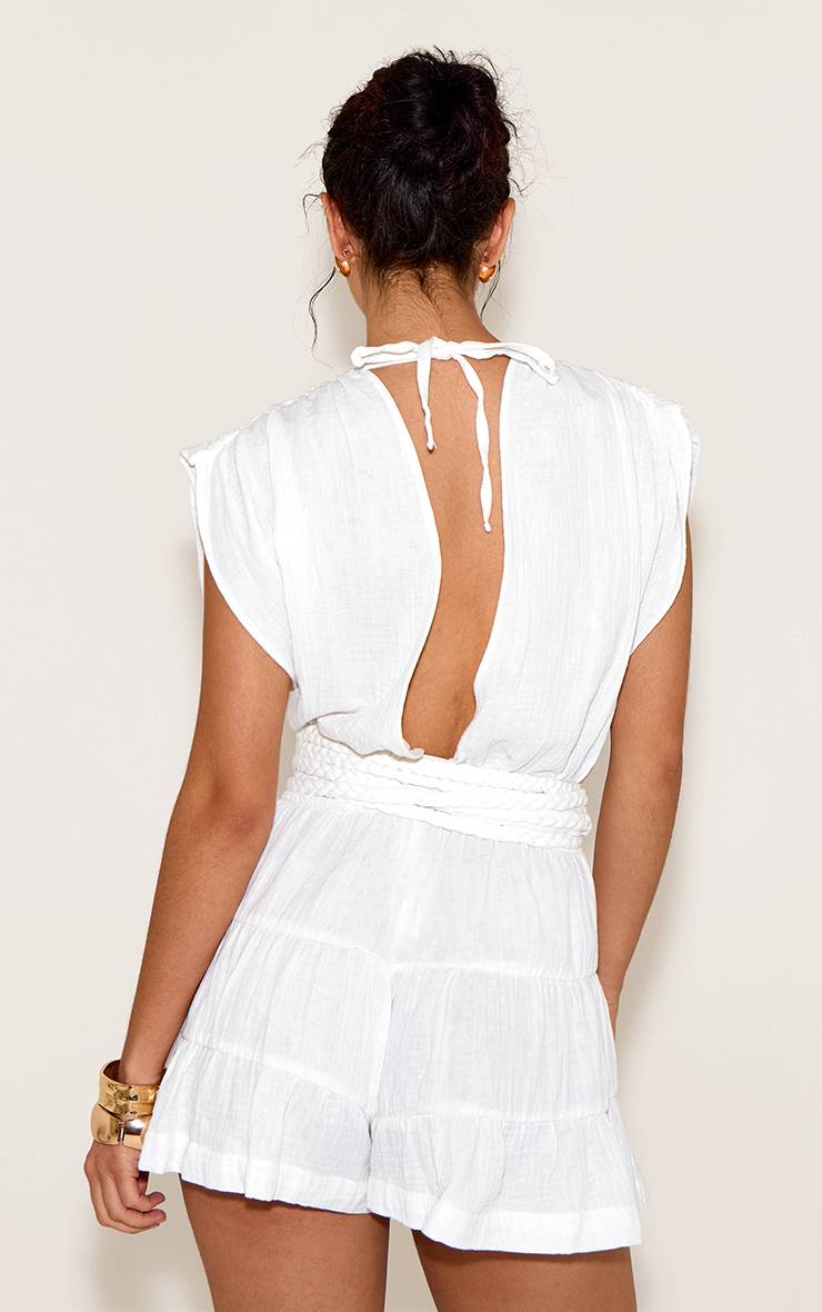 Blanc Combinaison-short Texturée Col V Avec Ceinture À Nouer