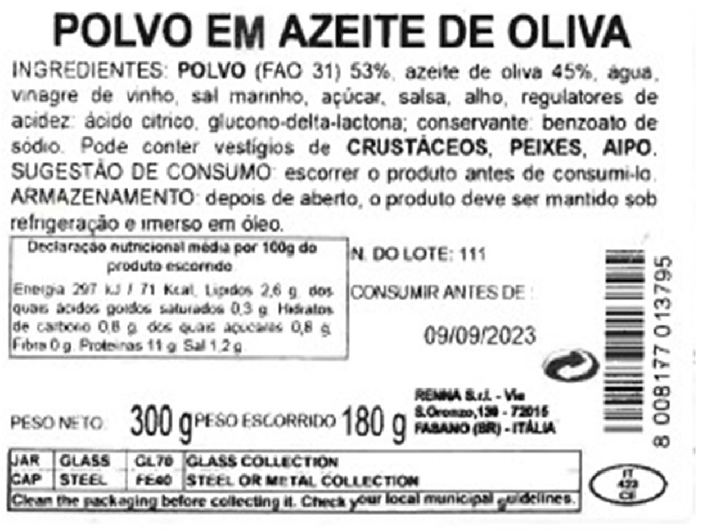 POLVO RENNA EM AZEITE DE OLIVA 180G