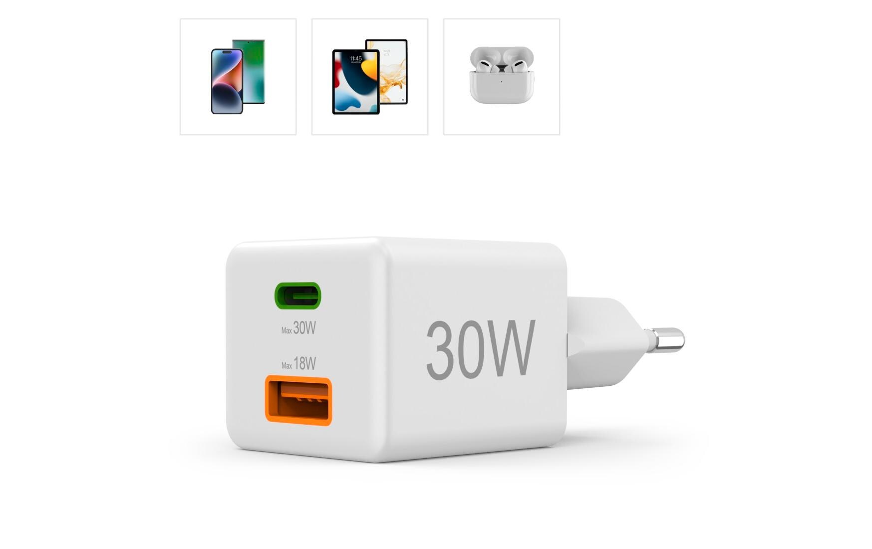 USB-Wandladegerät Gan charger USB-A USB-C 30 W WeissSchnellladegerät mit 1x USB-C und 1x USB-A