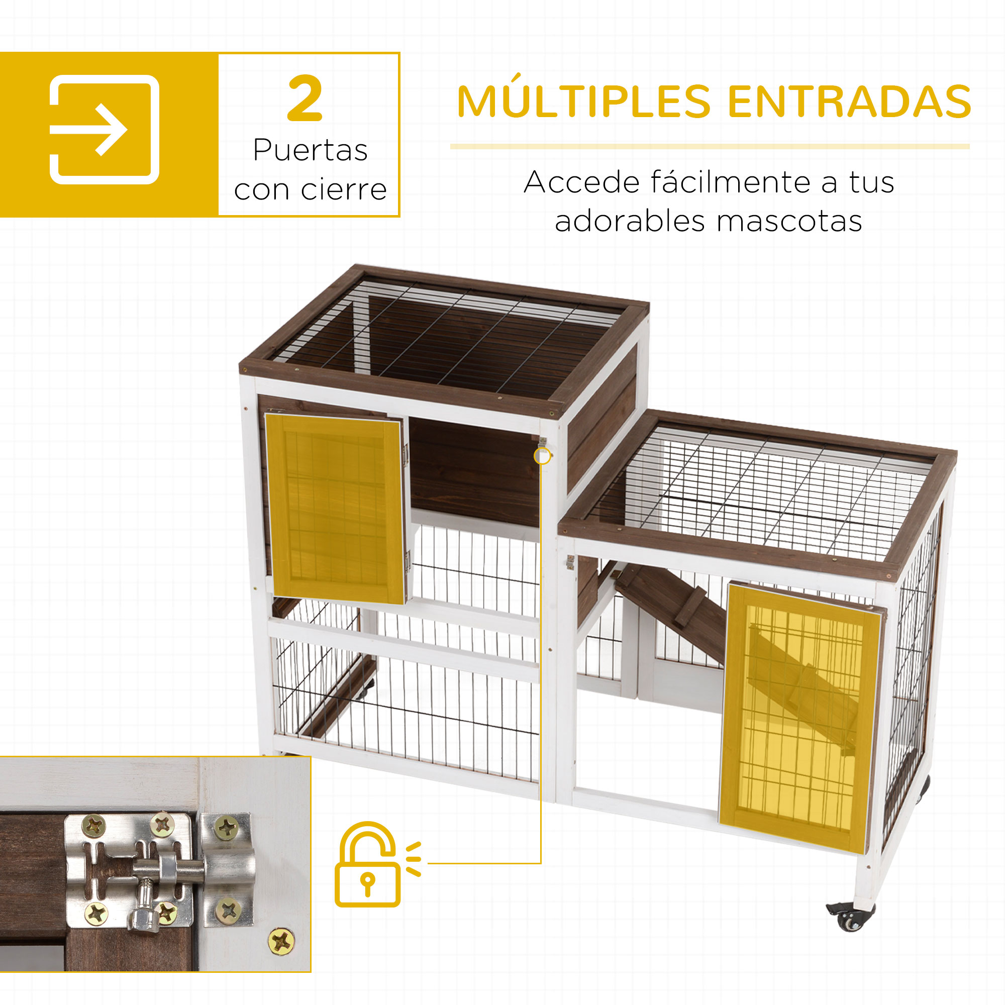 Gaiola de madeira para coelhos PawHut, com rodas, 2 andares, para coelhos de pequeno porte, com área aberta, rampa e 2 bandejas removíveis, 110x50x86 cm, marrom.