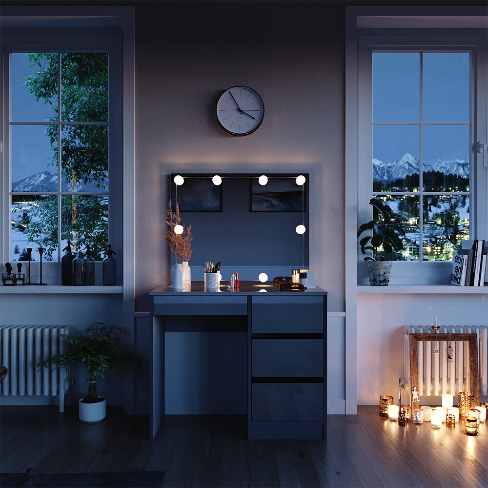 Vicco Schminktisch Sherry Grau Hochglanz, 90 x 75 cm, Spiegel, LED, Frisiertisch