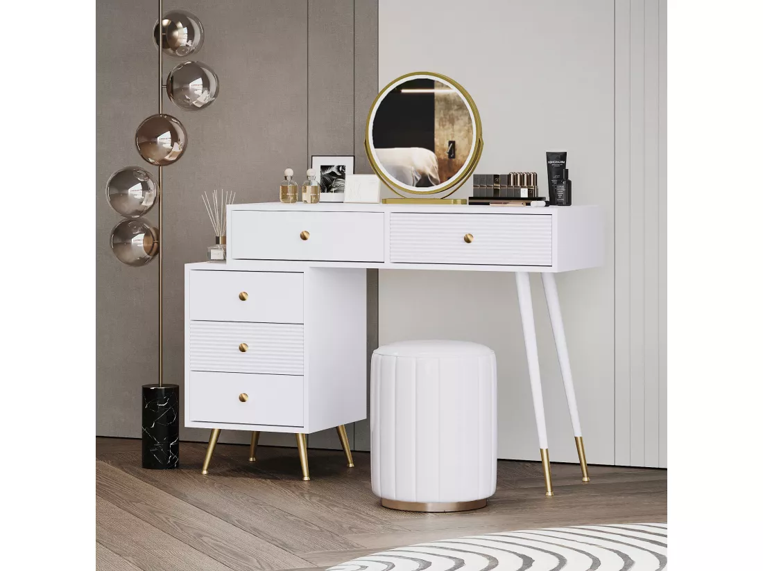 Coiffeuse avec miroir et 5 tiroirs - 100 x 40 x 78 cm - Panneau de particules - LEDs - Blanc (sans tabouret)
