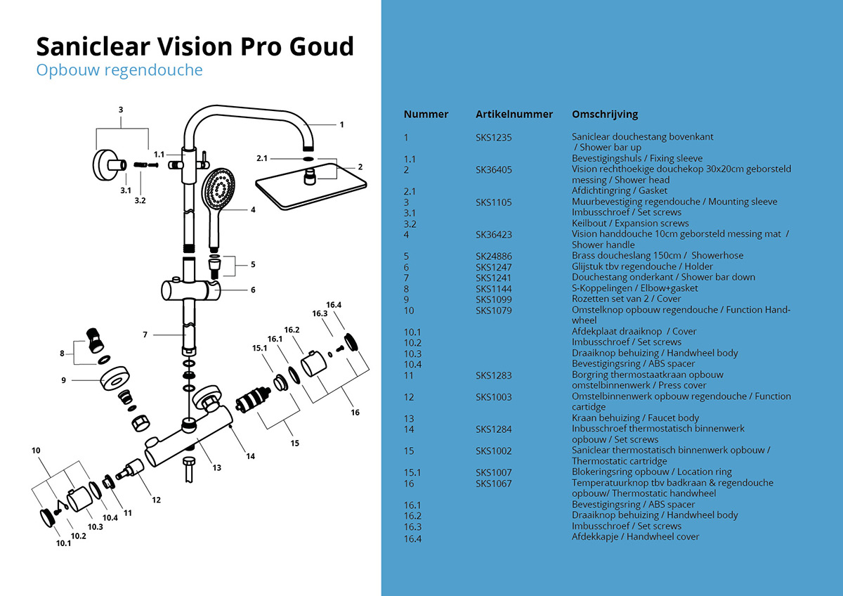 Saniclear Vision Pro opbouw regendouche met 20x30cm hoofddouche geborsteld messing - mat goud