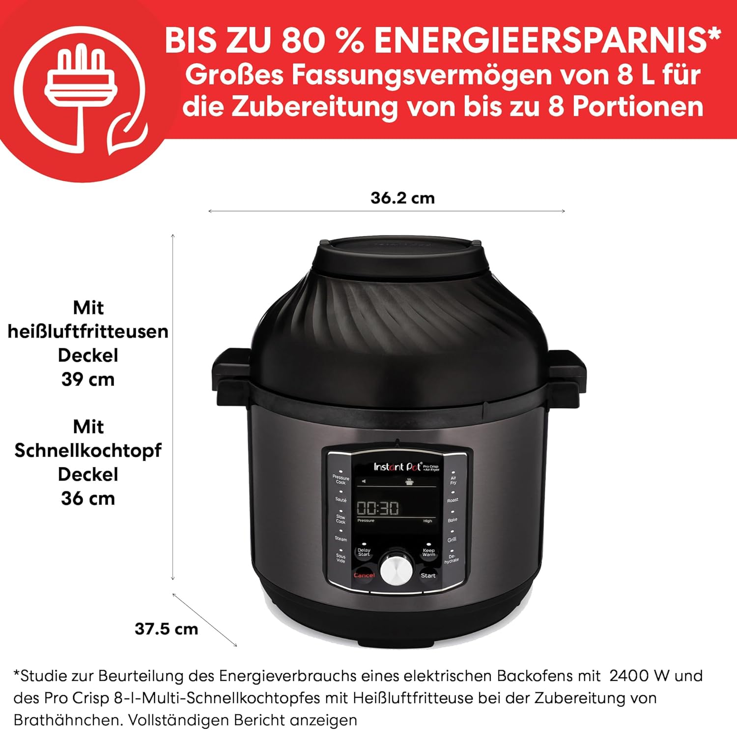 Instant Pot Pro Crisp 11-in-1-Elektro-Multikocher – Schnellkochtopf, Heißluftfritteuse, Slow Cooker, Dampfgarer, Grill, Dörrgerät und Sous-Vide-Maschine – Schwarzer Edelstahl,1500 W, 7.6 L,