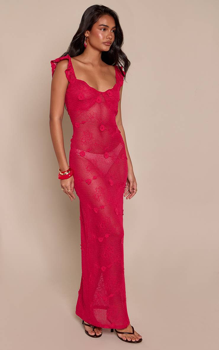 Fuchsia Robe Longue À Bretelles À Volants Texturée