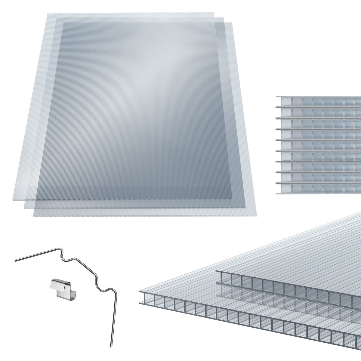 ECD Germany 14x Dubbelwandige polycarbonaatplaten, 4 mm, 121x60,5 cm, 10,24 m², 50x clips + 50x Z-clips, slagvast en UV-bestendig, snijdbaar, heldere meerwandige platen, kaspanelen