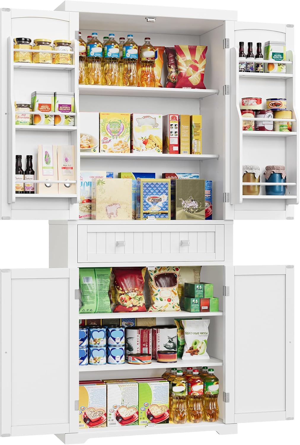 VASAGLE Küchenschrank, Hochschrank Küchenbuffet Vitrinenschrank, Buffetschrank mit Verstellbaren Ablagen, Esszimmerschrank mit Schubladen, für Wohnzimmer Küche, 40 x 76 x 182,1 cm, Weiß BBC561W21