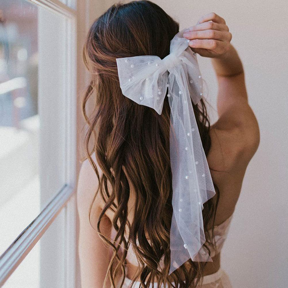 (38cm) Bride Party Accessoire Tüll Schleife Schleier Haarspange für Junggesellinnenabschied - Weiss