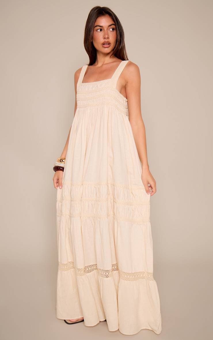 Naturel Robe Longue À Détails Brodés Effet Lin