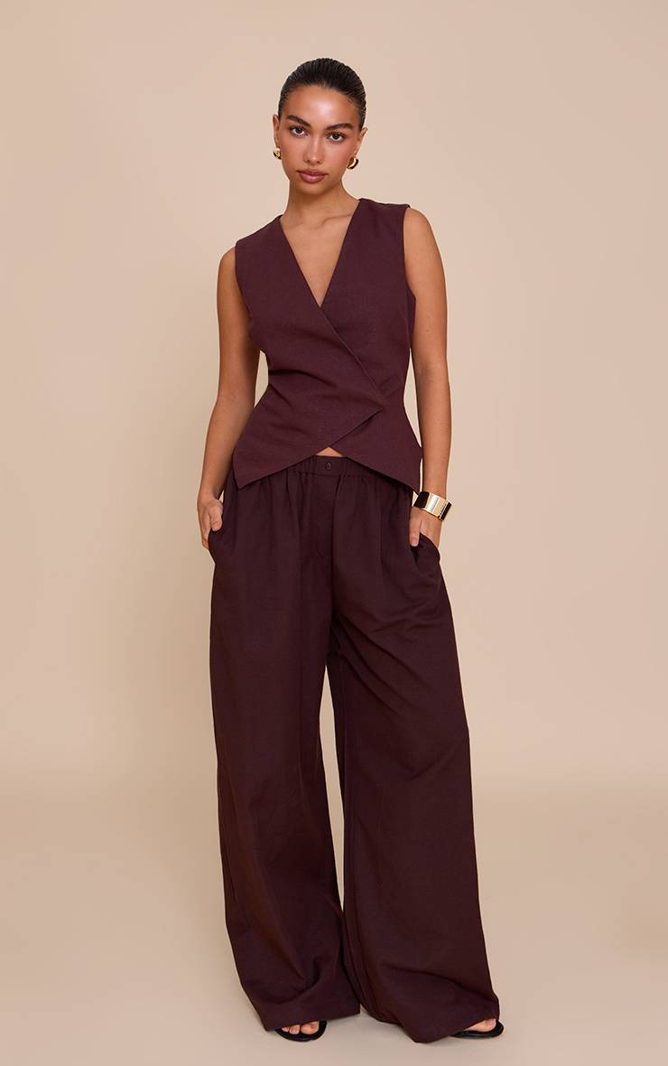 Chocolat Gilet Asymétrique À Boutons En Mélange De Lin Premium
