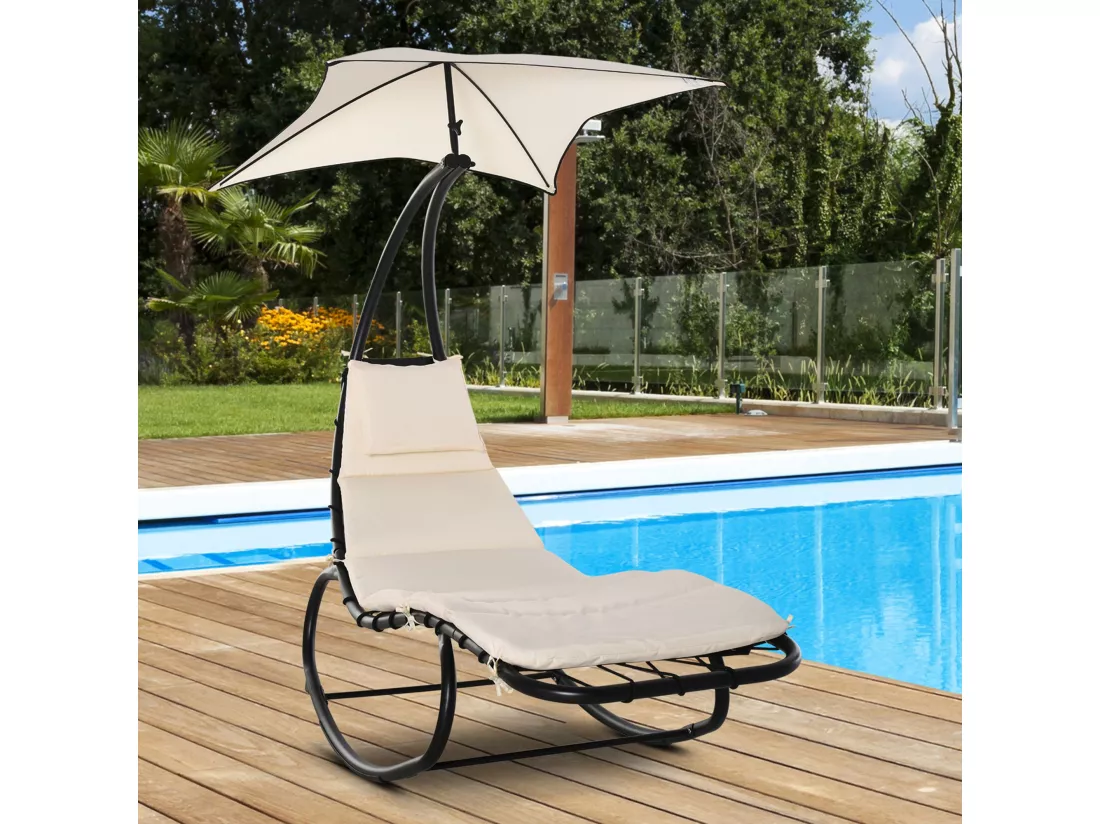 Bain de soleil transat à bascule design contemporain avec pare-soleil, matelas grand confort, tétière métal époxy noir polyester crème