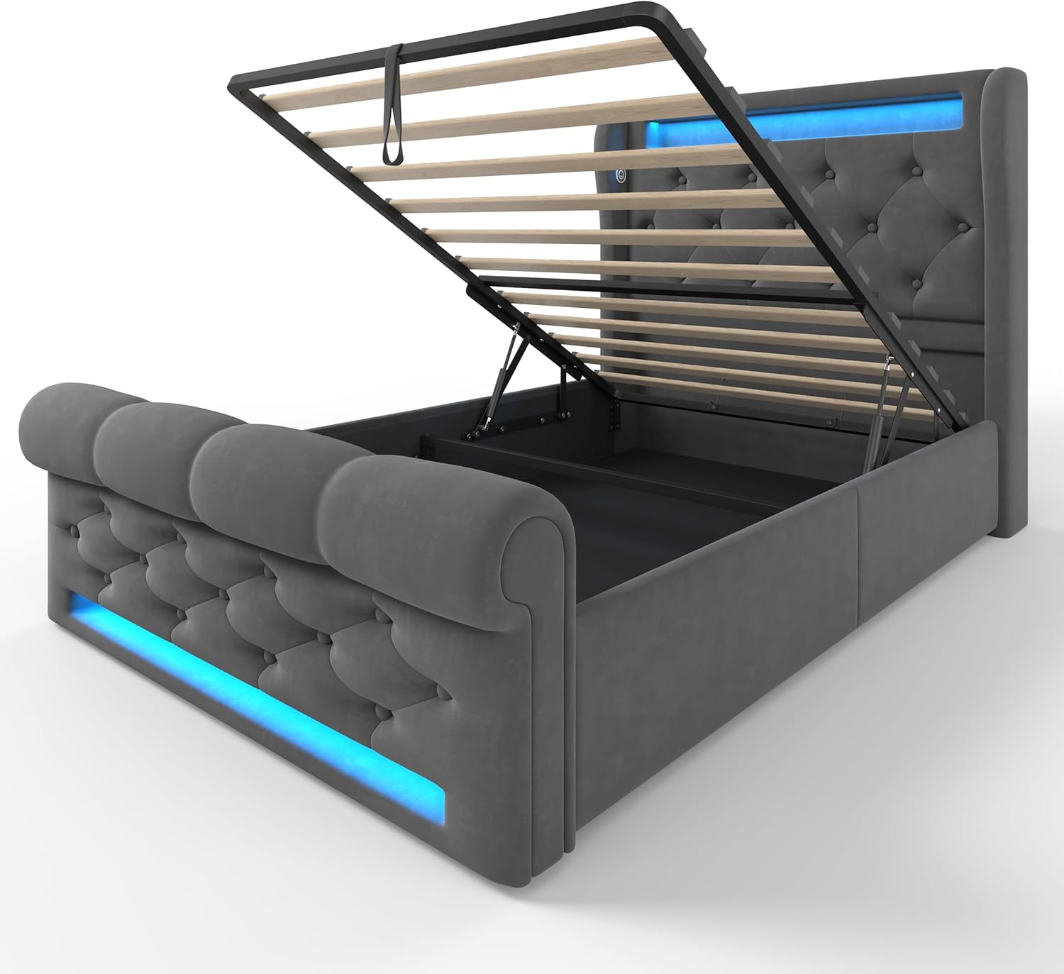Polsterbett 90x200 cm, Einzelbett mit LED-Leuchten, Kopfteil mit USB- und Typ-C-Anschlüssen, Hydraulisches Stauraumbett, für Jugendliche und Erwachsene, Samt, Grau (Ohne Matratze)