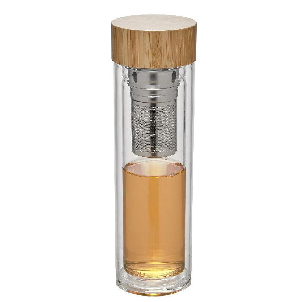 Bouteille infuseur double paroi en verre avec bouchon en bambou