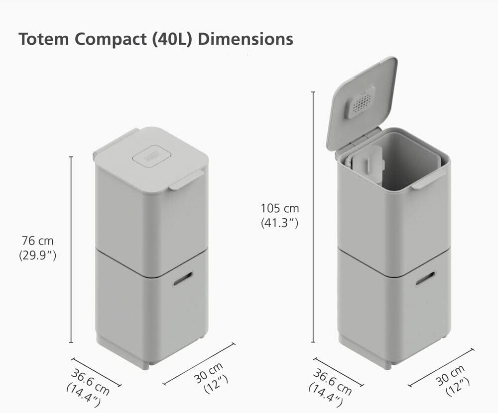 Joseph Joseph IntelligentWaste Totem Compact 40 L – Abfalltrennsystem – Küchenabfalleimer mit getrennten Wertstoff- und Speiseabfallfächern, Deckel mit integriertem Geruchsfilter, 40 Liter – Stein